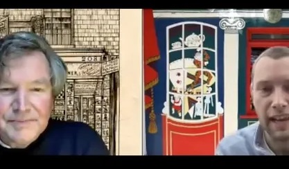 A screengrab from an online lecture with Alan and Jack in front of an illustration of the museum