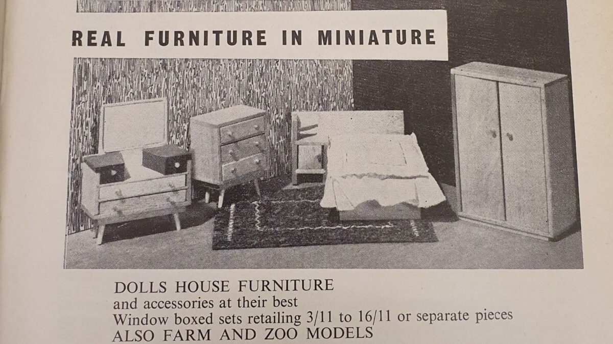 Black and white advert for Barton's dolls' house furniture