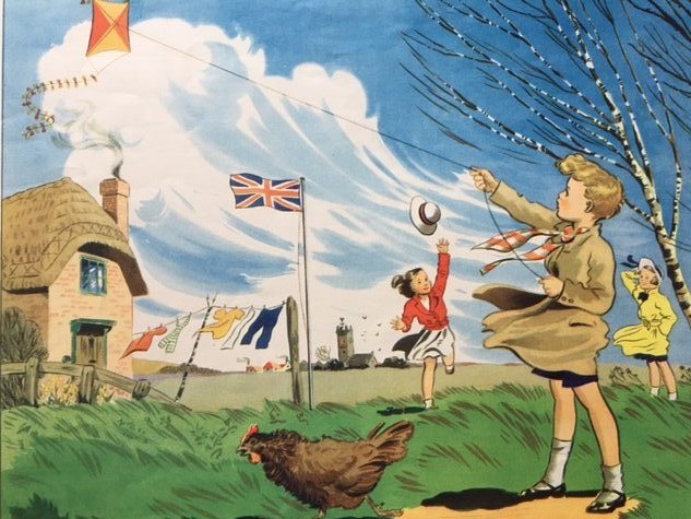 Illustration of children flying a kite