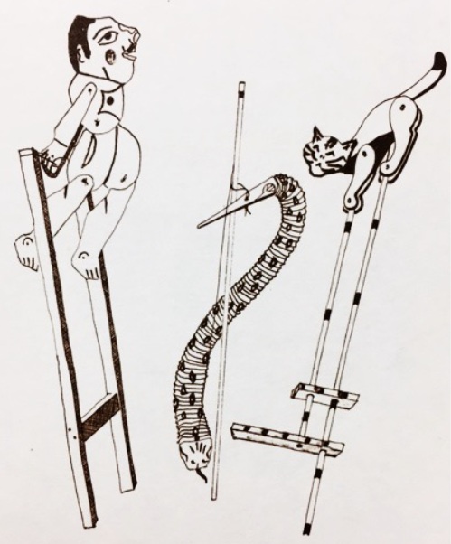 Black and white illustration of three simple moving toys, a tumbling acrobat, a snake slithering around a stick, and a cat with jointed legs.