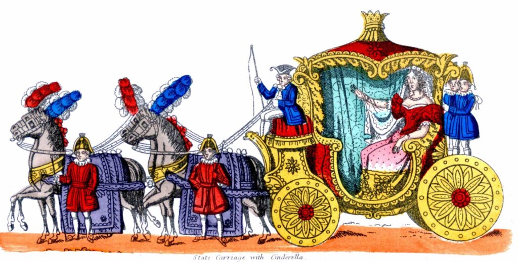 A coloured Victorian line drawing of a lavish gold coach and horses with large feathered plumes on their heads. Smartly dressed footmen accompany the coach which carries a waving lady in a pink gown - Cinderella.