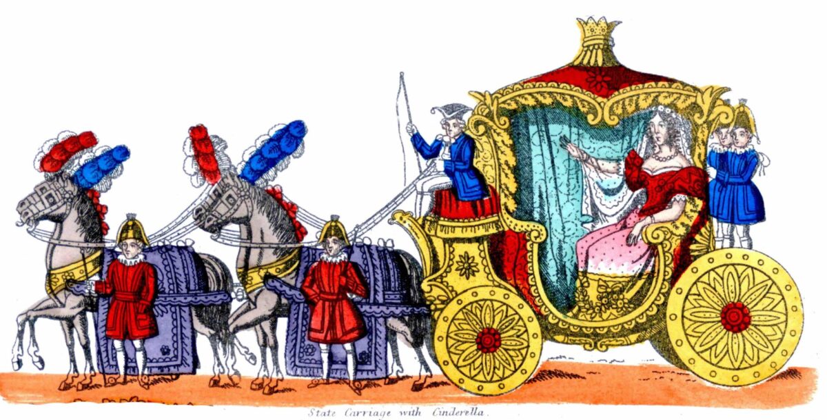 A coloured Victorian line drawing of a lavish gold coach and horses with large feathered plumes on their heads. Smartly dressed footmen accompany the coach which carries a waving lady in a pink gown - Cinderella.