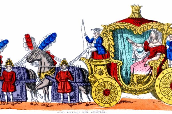 A coloured Victorian line drawing of a lavish gold coach and horses with large feathered plumes on their heads. Smartly dressed footmen accompany the coach which carries a waving lady in a pink gown - Cinderella.