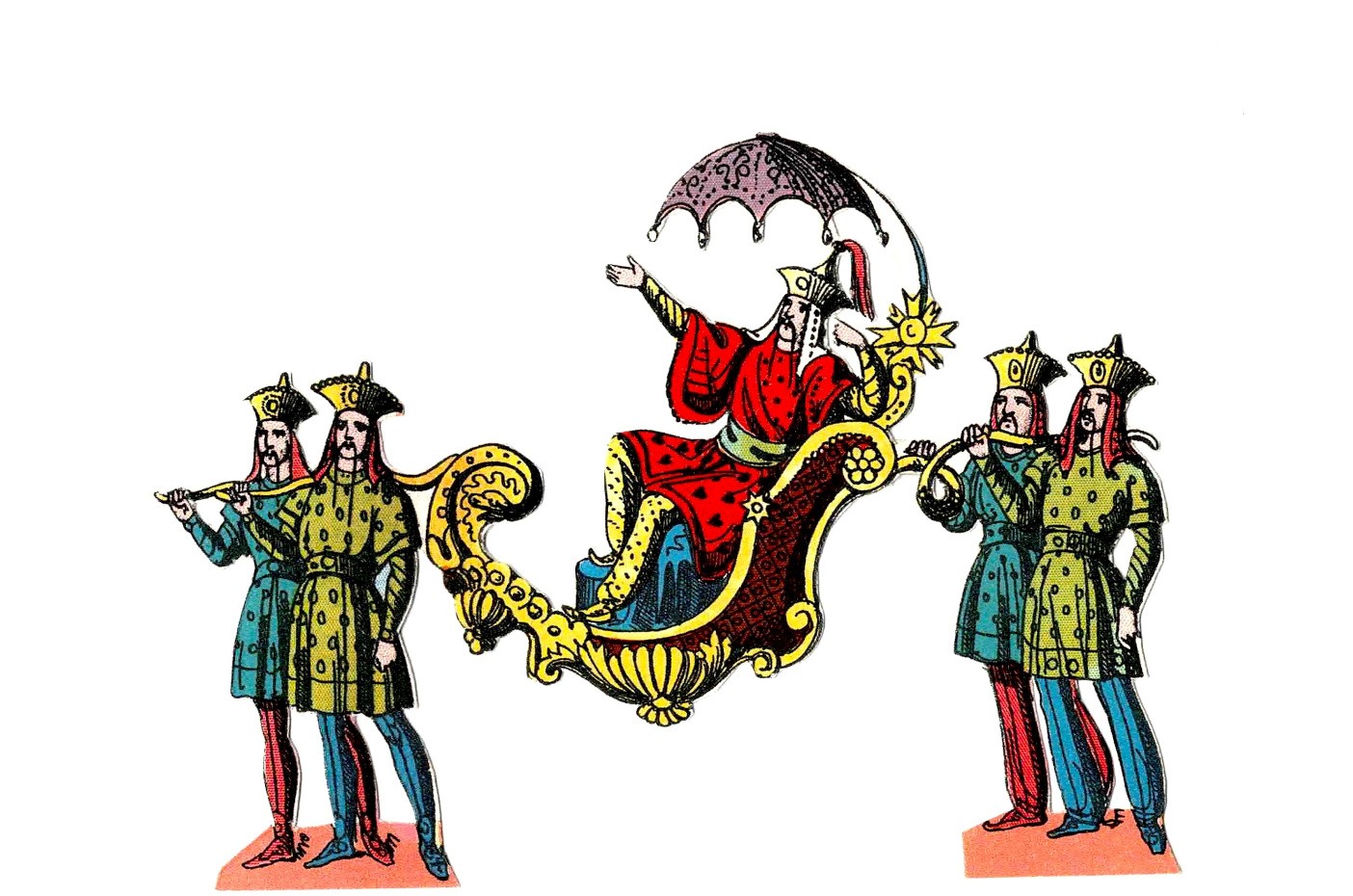 Colourful illustration of someone being carried on a litter by four attendants.