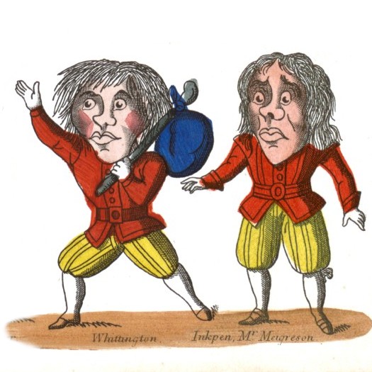Whittington and Inkpen, two comically giant-headed men in red jackets, are illustrated as paper cut-out characters for a printed toy theatre