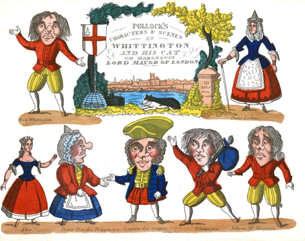 A colourful toy theatre sheet titled Pollock's Characters & Scenes in Whittington and his Cat or Harlequin Lord Mayor of London, featuring various characters, most of them with comically giant heads