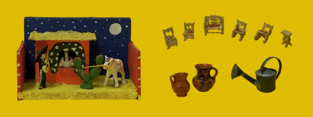 Composite image featuring photographs of Mexican traditional toys: on the left, a miniature diorama from Mexico of a mariachi musician serenading a lady under the moonlight; and on the right, a collection of miniature household items, chairs, jugs and a watering can.