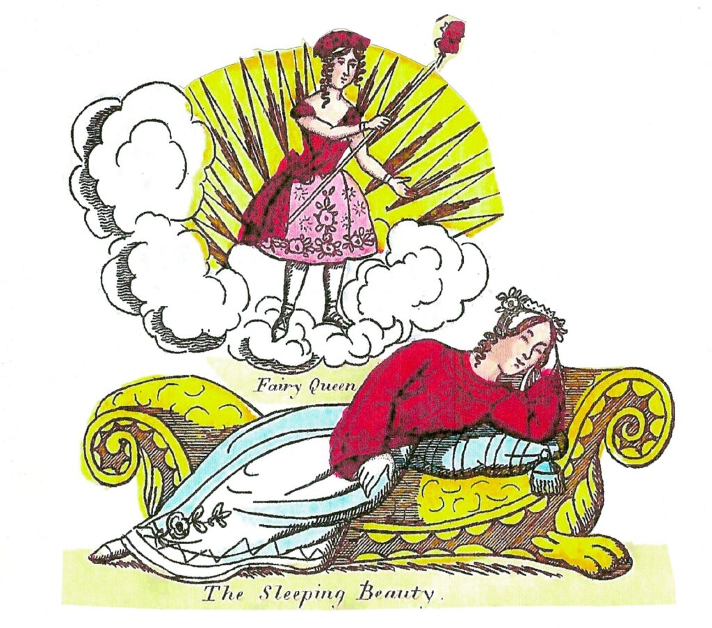 The Sleeping Beauty lies asleep and the Fairy Queen rides on clouds and waves her wand, in colourful illustrations printed for use as toy theatre characters