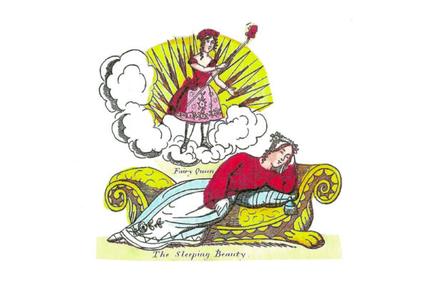 Sleeping Beauty and the Fairy Queen, printed characters from a colourful toy theatre set