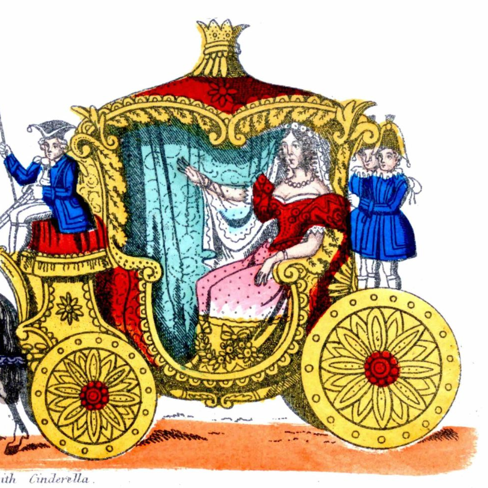 A toy theatre Cinderella character sits resplendent in her gold and red carriage, with blue-coated footmen in attendance.