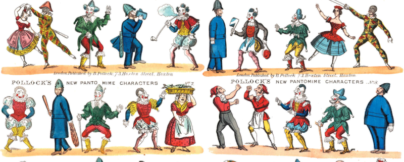 Colourful illustration of two rows of costumed performers, reading Pollock's New Pantomime Characters.