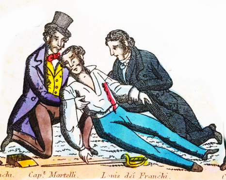 Two men in Victorian period clothing kneel on the ground, supporting an injured third man, who is bleeding from his chest. His sword lies on the ground, fallen from his hand.
