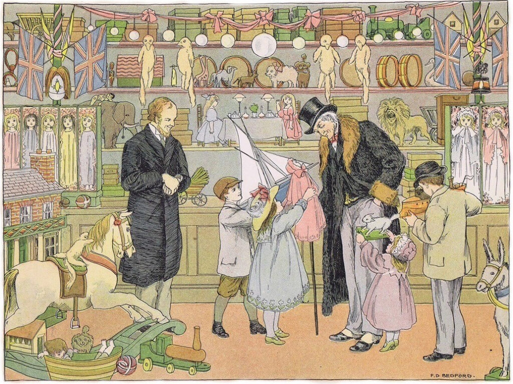Illustration in light colours showing the interior of a Victorian toy shop. In the foreground is a rocking horse, while on shelves at the back are a wide range of toys including dolls in boxes, drums, a train, and an elephant. Four children are showing their chosen toys to a top-hatted gentleman, presumably their father or grandfather, while the shop keeper looks on.