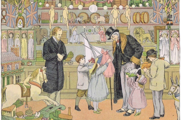 Illustration in light colours showing the interior of a Victorian toy shop. In the foreground is a rocking horse, while on shelves at the back are a wide range of toys including dolls in boxes, drums, a train, and an elephant. Four children are showing their chosen toys to a top-hatted gentleman, presumably their father or grandfather, while the shop keeper looks on.