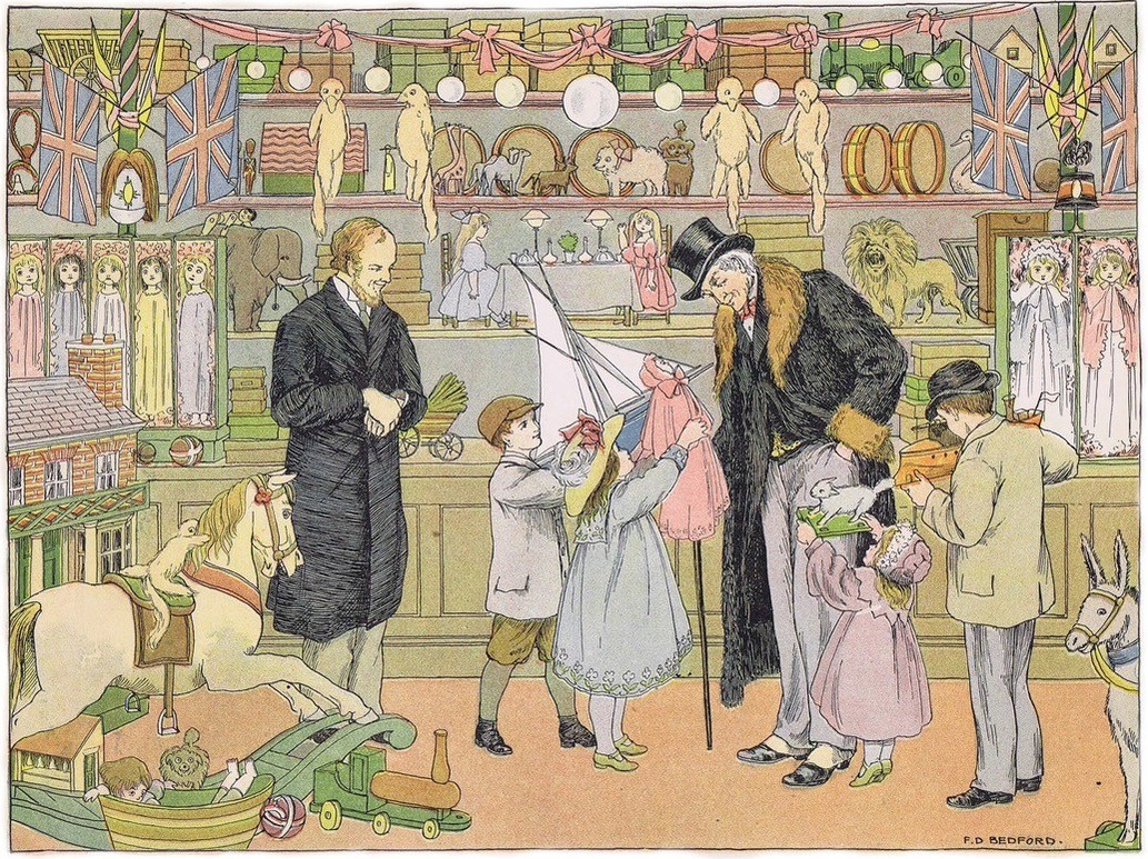 Illustration in light colours showing the interior of a Victorian toy shop. In the foreground is a rocking horse, while on shelves at the back are a wide range of toys including dolls in boxes, drums, a train, and an elephant. Four children are showing their chosen toys to a top-hatted gentleman, presumably their father or grandfather, while the shop keeper looks on.